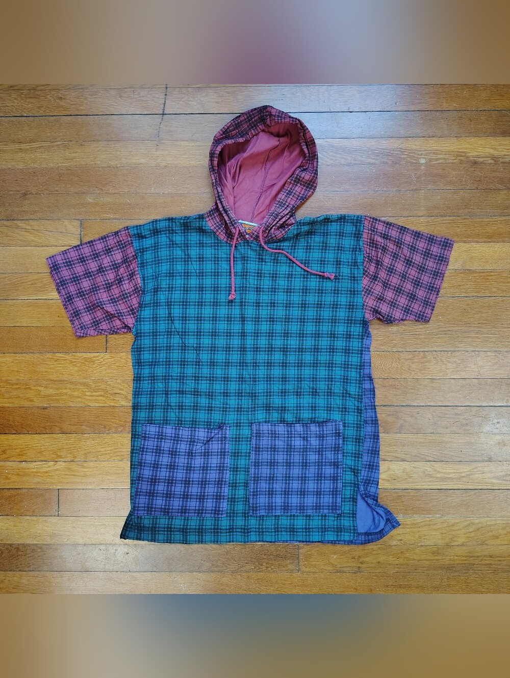 90s Vintage Colorblock Plaid Hoodie T-Shirt Men’s Medium Hooded Tee Shirt